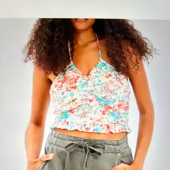 AMERICAN EAGLE Cropped Floral Cinch-Front Halter Top, size XL or XXL, NWOT - Picture 1 of 5